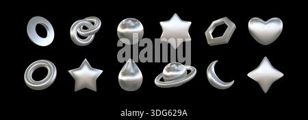 3D chrome figures. Y2K silver heart. Glossy bubble sphere with gradient graphic effect. Geometric cosmic form. Metallic star or planet. Quicksilver drop. Foil circle. Vector isolated render shapes set Stock Vector