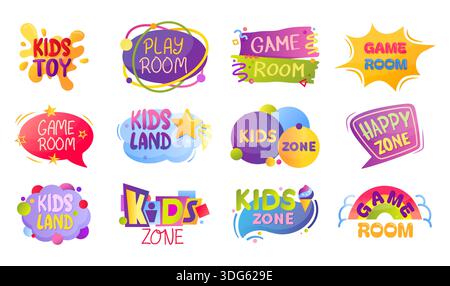 Kid party logo. Game zone label, children play banner or child sport sign. School text poster, fun bubble blot. Bright colorful design for playroom. Vector promotion isolated playground illustration Stock Vector