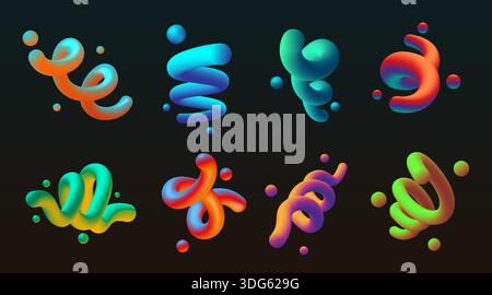 3d gradient shapes. Abstract liquid line lines, curve fluid swirl or dynamic spiral wave in motion. Creative trend decorative objects, flow blend design collection. Vector isolated colorful elements Stock Vector
