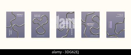 3D chrome elements. Y2k metal line. Abstract fluid spiral shape or liquid silver figure. Futuristic gradient wave. Polished curl form. Metallic bent pipe. Swirl steel tube. Vector design banners set Stock Vector