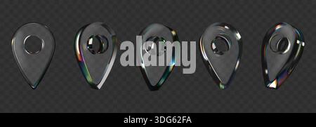 3D glass pin. Map symbol shape. Y2K light crystal arrow or neon travel sign render. Transparent glossy road tag. GPS place mark. Navigator location. Destination points at roadmap. Vector icons set Stock Vector