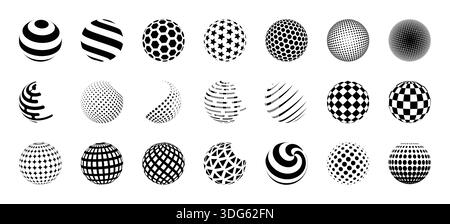 3D sphere. Halftone ball logo. Globe star pattern. Tech pixel icons. Geometric abstract shapes. Orb graphic texture. Black and white concentric circles. Checkered form. Vector design round symbols set Stock Vector