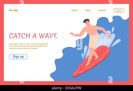 Surfing web banner. Landing page template. Summer beach sport. Man in swimsuit on board. Vacation extreme activity, recreation on sea. Catch wave. Male character. Vector cartoon isolated illustration Stock Vector