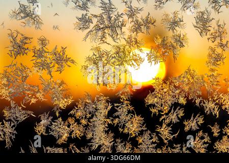 Frost patterns on a window against a vibrant orange sunrise or sunset sky. Calgary, Canada Stock Photo
