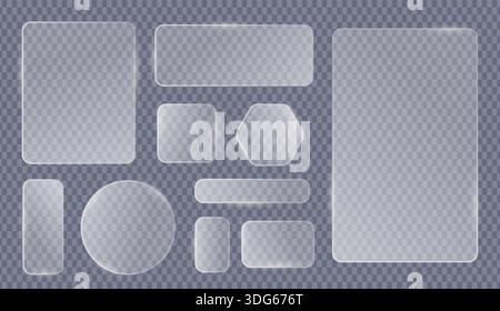 Modern glassmorphism interface elements with transparent frosted effect, suitable for UI design, mobile apps, websites, and futuristic digital layouts Stock Vector