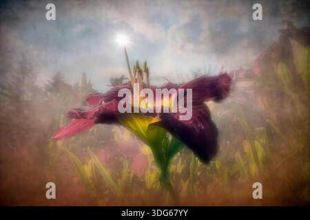 A vivid, close-up image of a vibrant purple flower with blurred natural background. Digital artwork with textures and pattern overlays Stock Photo
