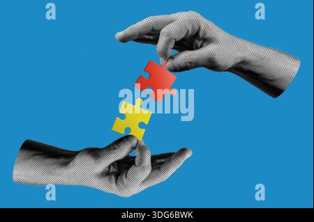 Halftone collage human hands connecting puzzle together. Business success and idea concept Stock Photo
