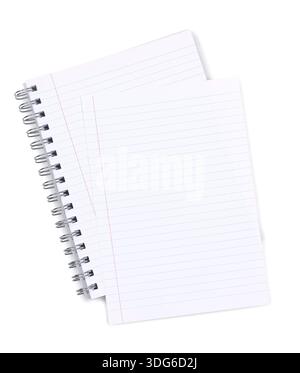 Close up topview of open spiral bound notebook displaying blank white lined pages. Blank for copy space. Real photo. Isolated on a white background. Stock Photo