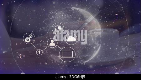 Projecting translucent dotted 3D globe hologram with linked network icons over table with white cup Stock Photo