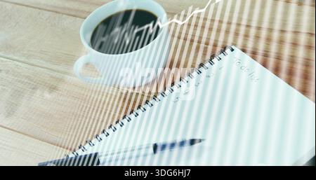 Displaying spiral-bound notebook at right on wooden tabletop, showing To do list, pen, coffee Stock Photo