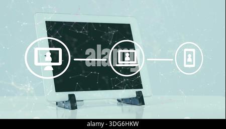 Displaying white tablet on black stand on glossy tabletop, showing circular icons, network nodes Stock Photo