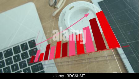 Displaying red pink upward 3D bar chart overlay on wood desk with laptop, coffee, tablet, glasses Stock Photo