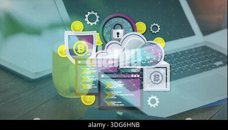 Displaying central cloud art overlaying home office desk showing laptop keys tablet cup pen Bitcoin Stock Photo