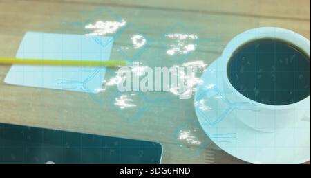 Sitting white cup black coffee on saucer on wood-desk, tablet, cards, pencil blue grid, copy space Stock Photo