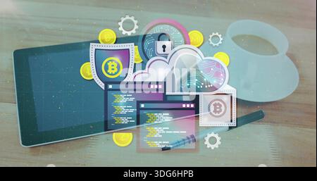Showing crypto security art on tablet at wood table with bitcoin coins, padlock, cup, pen Stock Photo