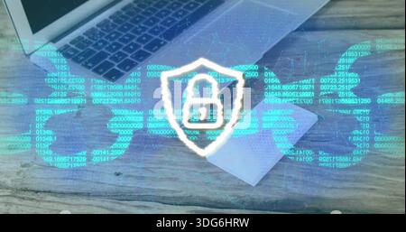 Displaying shield with padlock icon over desk, with laptop, phone on envelope, world map and code Stock Photo