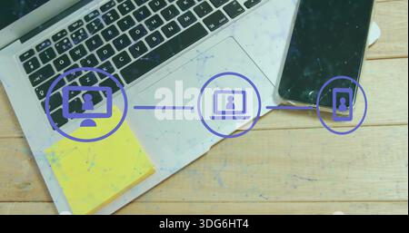 Displaying laptop filling left on wooden desk and showing smartphone, sticky notes, purple overlay Stock Photo