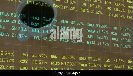 Projecting translucent grid of financial ticker symbols and percent on wooden desk, with coffee mug Stock Photo