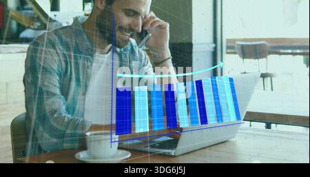 Talking man in plaid shirt, typing laptop, speaking phone at cafe, white cup, blue 3D overlay Stock Photo