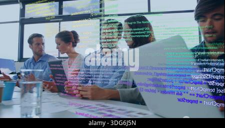 Working team of six in shirts reviewing mockups coding on laptops in meeting room code overlay Stock Photo