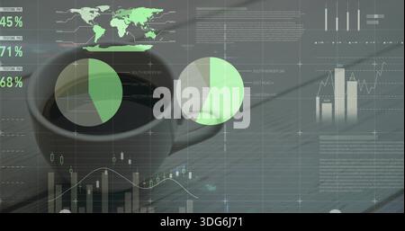 Sitting dark ceramic coffee cup centered on wooden desk, displaying faint pie charts and bar charts Stock Photo