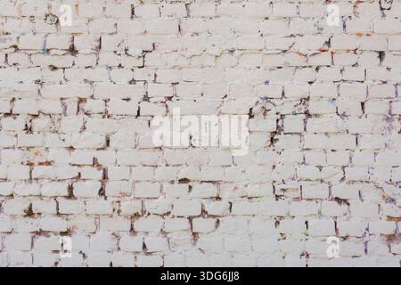 White brick wall with uneven paint and signs of aging. Texture suitable for architectural and design backgrounds. Stock Photo