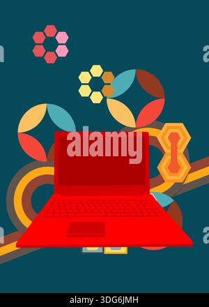 Retro 70s Background with notebook. Groovy laptop 1970s art template. Minimalistic Vintage design poster. Old-fashioned color artwork. Stock Vector