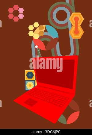 Retro 70s Background with notebook. Groovy laptop 1970s art template. Minimalistic Vintage design poster. Old-fashioned color artwork. Stock Vector