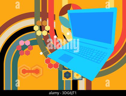 Retro 70s Background with notebook. Groovy laptop 1970s art template. Minimalistic Vintage design poster. Old-fashioned color artwork. Stock Vector