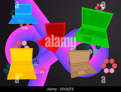 Retro 70s Background with notebook. Groovy laptop 1970s art template. Minimalistic Vintage design poster. Old-fashioned color artwork. Stock Vector