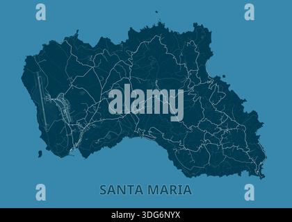 Map of Santa Maria Island, rendered in a monochromatic blue palette. The island's shape is clearly defined, with intricate coastlines Stock Vector