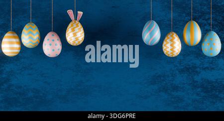 Hanging Easter eggs and ears bunny decorations in pastel colors on a blue textured background. 3d rendering Stock Photo