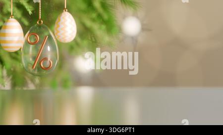 A glass Easter egg with a percentage symbol insiden on a tree branch. 3d rendering Stock Photo