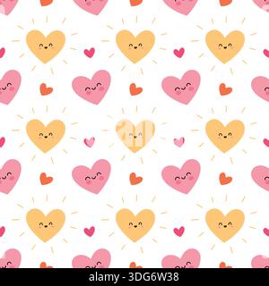 Seamless Cute Heart Pattern with Smiling Faces and Sun Rays in Kawaii Style Stock Vector