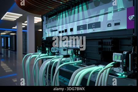 Server Room Network Infrastructure, data center, server rack, network cables Stock Photo