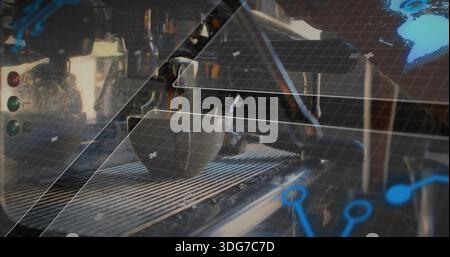 Pouring espresso machine sending dark crema into ceramic cup at coffee bar, with blue overlays Stock Photo