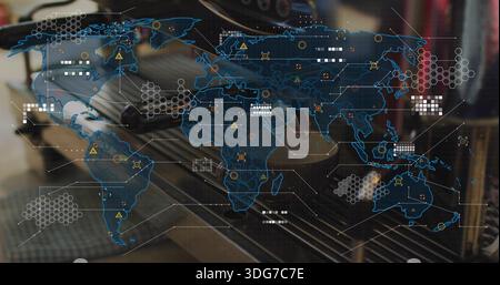Projecting translucent blue world map overlay over office desk, showing laptop keyboard and headset Stock Photo