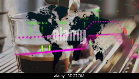 Showing clear glass espresso cup sitting on metal drip tray at cafe counter, with digital overlay Stock Photo