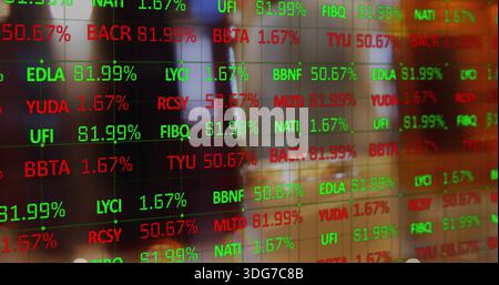 Displaying LED ticker panel showing red and green percent on glossy glass grid in trading room Stock Photo