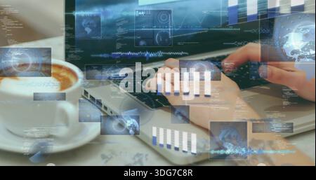 Typing hands wearing long sleeve garment coding on laptop at desk, with coffee cup, data overlays Stock Photo