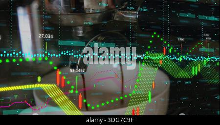 Displaying white ceramic cup, saucer sitting on reflective table, overlaying financial candlesticks Stock Photo