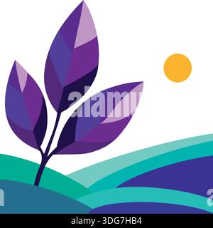 Plant with purple leaves growing on rolling hills under a yellow Sun Stock Vector