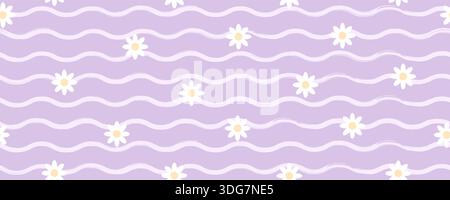 Baby wavy patter. Dynamic kids background with chamomile print. Purple playful striped wallpaper design. Vector illustration Stock Vector