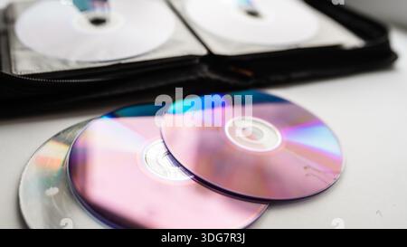 Bunch of CD and DVD discs organized in a disc holder. Stock Photo