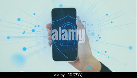 Holding female hand wearing dark sleeve, showing smartphone in studio with padlock shield network Stock Photo