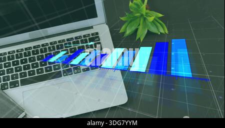 Displaying silver laptop showing blue hologram bar chart at office desk with grid, succulent plant Stock Photo