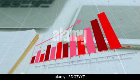 Displaying red-pink 3D bar chart rising on desk, showing laptop keyboard, tablet, notebook, pencil Stock Photo