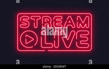 Red neon stream live sign with play icon, designed for broadcasts and online events. Glowing outline attracts viewers and boosts engagement. Stock Vector