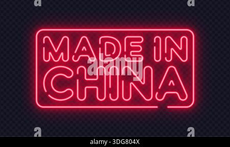 Red neon made in China sign in bold vector style for manufacturing and origin concepts. Bright glow works well for labels, packaging, or trade visuals Stock Vector