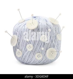 Ball of yarn with pins and buttons isolated on white Stock Photo